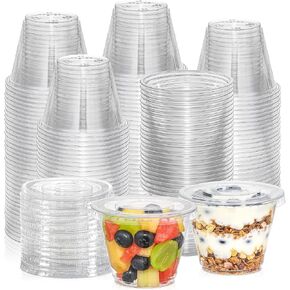 AOZITA [50 Sets, 9 oz] Clear Plastic Cups With Flat Lids No Hole, Disposable Cups With Lids for Ice Cream, Pudding, Cake, Snacks Smoothie, Milkshake, Cold Drinks