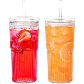 Glass Cups With Lids and Glass Straws，20 OZ High Borosilicate Glass Tumbler Iced Coffee Water Smoothie…