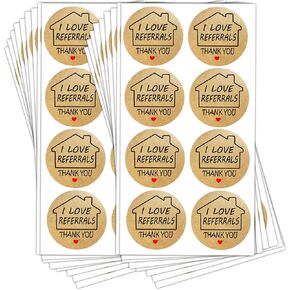 YOUOK Kraft I Love Referrals Stickers,1.5inch House Shaped Natural Brown Kraft Real Estate Stickers for Small Business Estate Agents and Sales Supplies (504 Round Adhesive Labels)