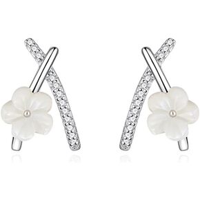 Reffeer Solid 925 Sterling Silver Flower Cuff Piercing Earrings for Women Girls CZ X Cuff Earrings Studs Flower Wraps