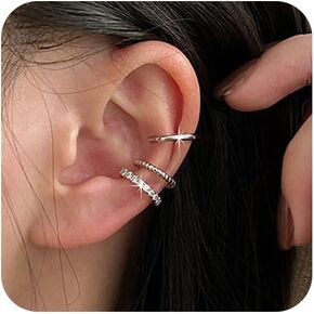 Ear Cuff for Women 14K Gold Plated CZ Ear Cuffs for Women No Piercing Faux Hoop Cartilage Earrings(3PCS,SILVER)