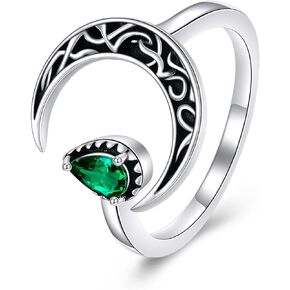 Moon Ring for Women Sterling Silver Crescent Moon Open Rings Adjustable Emerald Green Celtic Moon Ring Moon Jewelry Gift for Women Girls Birthday Size 6-8