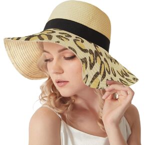 Wide Brim Straw Panama Hat Straw Sun Hat Beach Hat Summer Hats UPF50+ Straw Fedora with Leopard Print