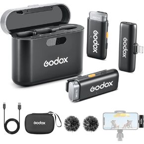GODOX WES1 Kit2 Wireless Lavalier Microphone for iPhone/Lightning, 8H Battery Life, Dual Channel 2.4G Wireless Mic, 200m(656ft.) Range, Noise Cancelling with Charging Case for Vlogging, TikTok