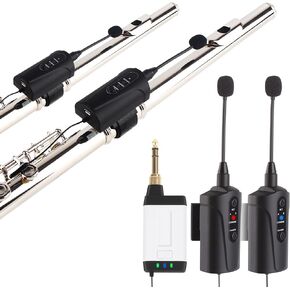 Double Microphone for Flute Q2/DT-5 Flute Microphone Instrument UHF Wireless Mic Micro-Gooseneck Pick Up Receiver and 2 Transmitter System for Flute