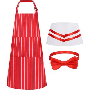 3 Pcs 1950s Waiter Costume Kit, Soda Jerk Costume Kit Red and White Striped Apron with 2 Pockets Chef Hat Red Bow Ties Adjustable for Adult Costume Cosplay Party