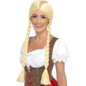 Smiffys Women's Long Blonde Wig with Braids/Pigtail Braid, Bavarian Beauty Wig