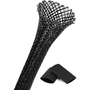 Braided - Cable Sleeves - PET Expandable Wire Loom 3/4"-25ft, Braided Wire Hider Mesh, Cord Management Organizer for USB Power Video Cable, Flexible Wrap Cover w/Heat Shrinkable Tubes, Pure Black