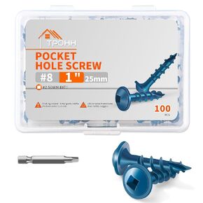 #8 x 1-1/2" Blue Coated, Hardened Steel Pocket Hole Screws, No.8 x 1-1/2 Inch Square Drive Washer Head Wood Screw, 50mm & 150mm Bit Included, Partially Threaded Self Tapping, 100 PCS