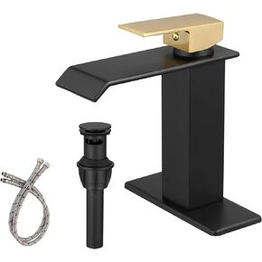 Matte Black Bathroom Faucet Waterfall Single Hole with Pop Up Drain with Overflow Matt Modern Single Handle Vanity Lavatory Sink 1 or 3 Hole Deck Mount