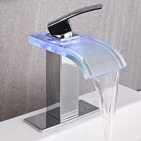 LED Bathroom Sink Faucet, Brushed Nickel Waterfall Single Hole Handle Vanity Faucets for Sinks 1 Hole with Metal Pop Up Drain and 2 Water Supply Lines, Wide Glass Spout