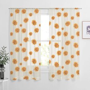 24Inch Length Sheer Sunflower Curtains Set of 2 Panels, Light Yellow Voile Drapes for Window Decor in Living Room, Bedroom, Balcony - Rod Pocket Design