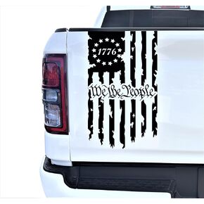 We The People Betsy Ross Flag 1776 Distressed American USA US Flag Truck Tailgate Vinyl Decal Stickers Preamble of The US Constitution (10" x 18") (Matte Black)