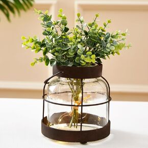 Vintage Glass Farmhouse Vase, Rustic Lantern Decor with Plants LED Lights, Rustic Farmhouse Vase for Floral Arrangements Home Decor Gifts