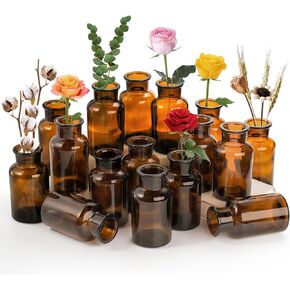 TOPZEA Set of 8 Amber Glass Vase, 17oz Boho Flower Vase Bud Vases Decorative Brown Medicine Glass Bottles Vintage Small Apothecary Jars for Home Décor, Dining Table, Wedding Centerpiece, Bridal Shower
