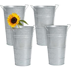 Notakia Galvanized Metal Vases Farmhouse French Flower Bucket Vases for Cut Flowers for Home Decor and Wedding Table Centerpiece Decorations (9.05in Silver 4Pcs)