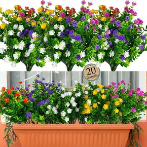 20 Bundles Artificial Fake Flowers,Boxwood UV Resistant Faux Flowers Arrangement, Fake Plants Greenery Shrubs for Indoor Outdoors,Home Garden Patio, Porch, Hanging Planter, Window Box Farmhouse