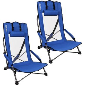 SPORT BEATS Low Beach Chairs Set of 2 Folding Beach Chairs High Back Support with Head Pillows Shoulder Straps