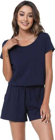 بدلة قفز نسائية صيفية قصيرة الأكمام من LazyCozy مع جيوب وخصر مطاطي in Kuwait