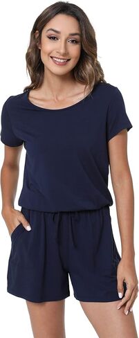 بدلة قفز نسائية صيفية قصيرة الأكمام من LazyCozy مع جيوب وخصر مطاطي in Kuwait