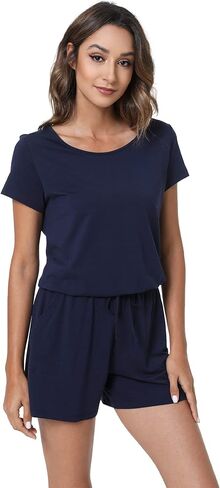 بدلة قفز نسائية صيفية قصيرة الأكمام من LazyCozy مع جيوب وخصر مطاطي in Kuwait