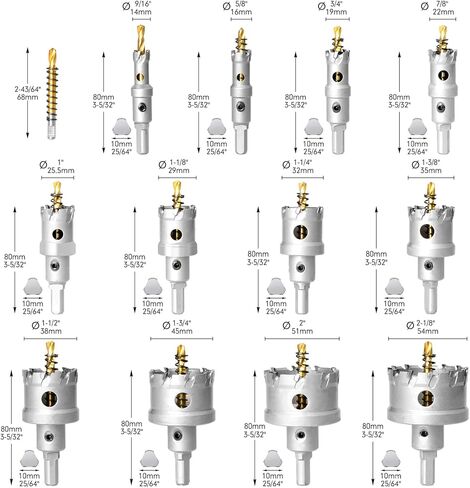 13Pcs Upgrade Heavy Duty Carbide Hole Saw Kit - Metal Steel Hole Saw Drill Bits TCT Hole Cutter with 1Pc Center Drill 2Pcs L-Wrench - Hole Saw Set for Metal, Steel, Iron, Alloy, Copper in Kuwait