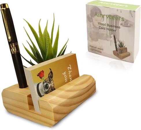 Business Card Holder, Wooden Business Card Holder Stand , Business Card Holder for Desk with Artificial Succulent,Suitable for Office & Home Office in Saudi Arabia