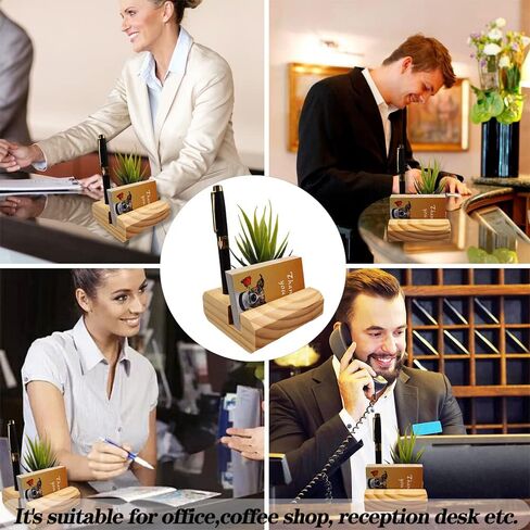 Business Card Holder, Wooden Business Card Holder Stand , Business Card Holder for Desk with Artificial Succulent,Suitable for Office & Home Office in Saudi Arabia