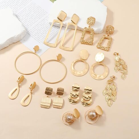 Boho Large Earring Clips Matte Gold Long Dangle Earrings Clips for Non-pierced Fashionable & Statement Rectangle Hoops for Women in Saudi Arabia