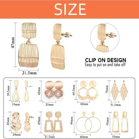 Boho Large Earring Clips Matte Gold Long Dangle Earrings Clips for Non-pierced Fashionable & Statement Rectangle Hoops for Women in Saudi Arabia