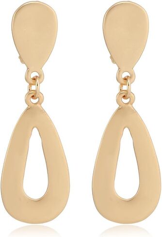 Boho Large Earring Clips Matte Gold Long Dangle Earrings Clips for Non-pierced Fashionable & Statement Rectangle Hoops for Women in Saudi Arabia