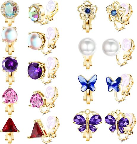FINREZIO 9PCS Clip On Earrings for Women Butterfly Heart Fake Earrings Glittering Non Pierced Earrings Vibrant Color Birthstone Clip on Earrings Set in Kuwait
