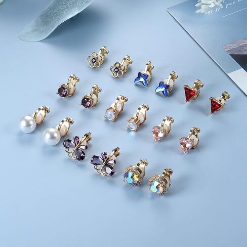 FINREZIO 9PCS Clip On Earrings for Women Butterfly Heart Fake Earrings Glittering Non Pierced Earrings Vibrant Color Birthstone Clip on Earrings Set in Kuwait