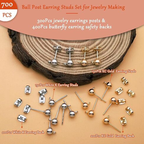 700Pcs Ball Post Earring Studs Set for Jewelry Making,300Pcs Earring Studs Ball Ear Pin Ball Post Earrings with Loop with 400Pcs Butterfly Earring Back Replacements for DIY Jewelry Making Findings in Saudi Arabia