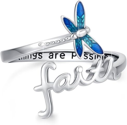 خاتم الإيمان للنساء فراشة / اليعسوب الإيمان خواتم الفضة الإسترليني قابل للتعديل الصليب التفاف الدائري المسيحي هدايا مجوهرات ملهمة للنساء الفتيات ابنة in Kuwait