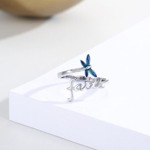 خاتم الإيمان للنساء فراشة / اليعسوب الإيمان خواتم الفضة الإسترليني قابل للتعديل الصليب التفاف الدائري المسيحي هدايا مجوهرات ملهمة للنساء الفتيات ابنة in Kuwait