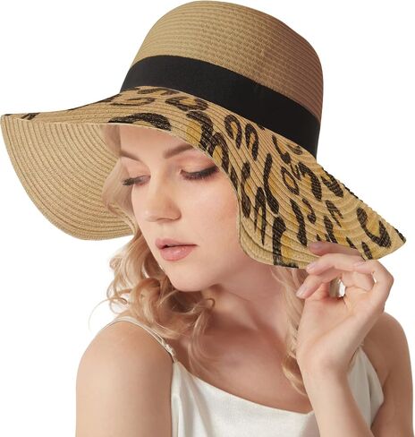 Wide Brim Straw Panama Hat Straw Sun Hat Beach Hat Summer Hats UPF50+ Straw Fedora with Leopard Print in Saudi Arabia