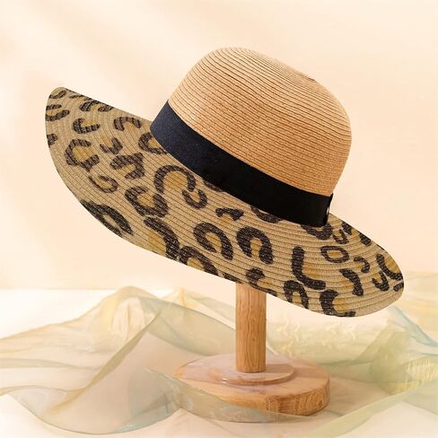 Wide Brim Straw Panama Hat Straw Sun Hat Beach Hat Summer Hats UPF50+ Straw Fedora with Leopard Print in Saudi Arabia