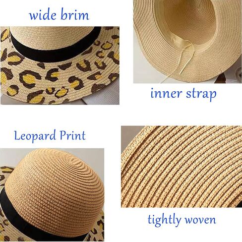 Wide Brim Straw Panama Hat Straw Sun Hat Beach Hat Summer Hats UPF50+ Straw Fedora with Leopard Print in Saudi Arabia