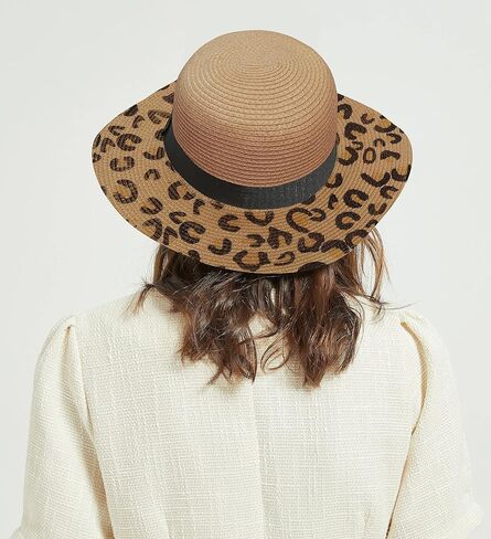 Wide Brim Straw Panama Hat Straw Sun Hat Beach Hat Summer Hats UPF50+ Straw Fedora with Leopard Print in Saudi Arabia