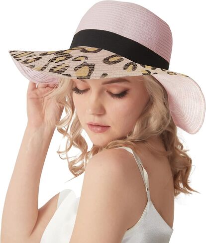 Wide Brim Straw Panama Hat Straw Sun Hat Beach Hat Summer Hats UPF50+ Straw Fedora with Leopard Print in Saudi Arabia