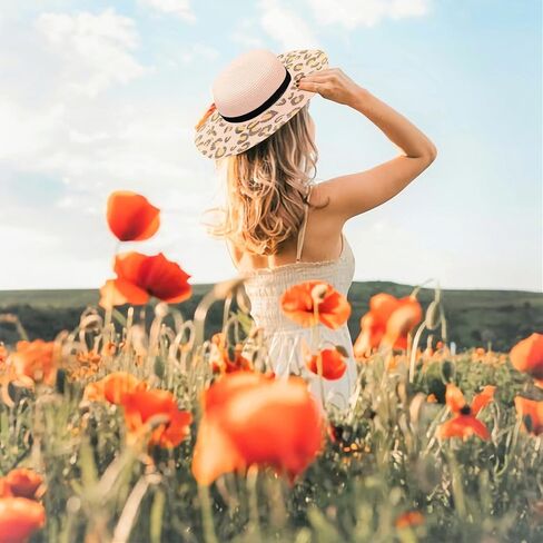 Wide Brim Straw Panama Hat Straw Sun Hat Beach Hat Summer Hats UPF50+ Straw Fedora with Leopard Print in Saudi Arabia