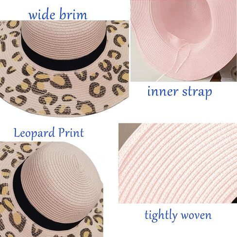 Wide Brim Straw Panama Hat Straw Sun Hat Beach Hat Summer Hats UPF50+ Straw Fedora with Leopard Print in Saudi Arabia