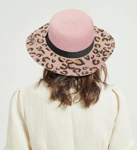 Wide Brim Straw Panama Hat Straw Sun Hat Beach Hat Summer Hats UPF50+ Straw Fedora with Leopard Print in Saudi Arabia