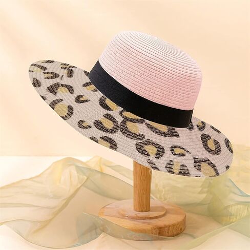 Wide Brim Straw Panama Hat Straw Sun Hat Beach Hat Summer Hats UPF50+ Straw Fedora with Leopard Print in Saudi Arabia
