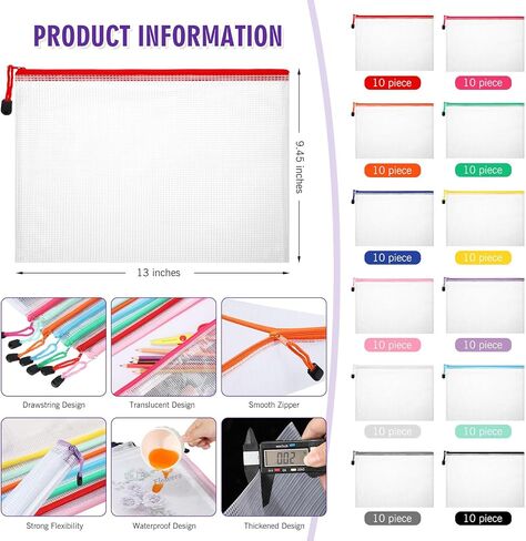 Sherr 120 Pcs A4 Mesh Zipper Pouch Bulk 13 x 9.45 Inch Waterproof Mesh Bags PVC Document Pouch Multipurpose Document Bags for School Office in Saudi Arabia