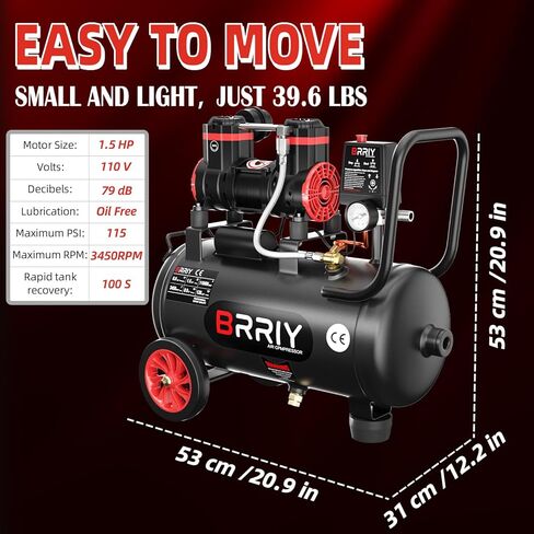 8 Gallon Ultra Quiet Air Compressor, 1.5HP 4.52 CFM@115PSI Oil-Free Air Compressor Tank, 110V, Max 115PSI Pressure, 79dB Air Compressor for Car Repair, Spray Painting, Woodwork Nailing in Saudi Arabia