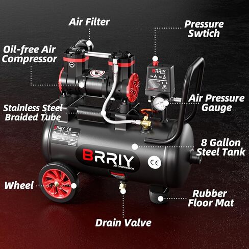 8 Gallon Ultra Quiet Air Compressor, 1.5HP 4.52 CFM@115PSI Oil-Free Air Compressor Tank, 110V, Max 115PSI Pressure, 79dB Air Compressor for Car Repair, Spray Painting, Woodwork Nailing in Saudi Arabia
