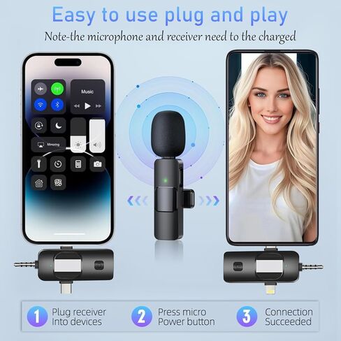 ميكروفونات صغيرة لاسلكية Lavalier لأجهزة iPhone وAndroid والكاميرا، تشغيل بالقابس، مع تقليل الضوضاء، ميكروفون Lav لتسجيل الفيديو الاحترافي للمقابلة ومدونة الفيديو in Kuwait