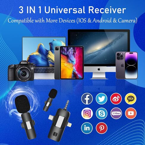 ميكروفونات صغيرة لاسلكية Lavalier لأجهزة iPhone وAndroid والكاميرا، تشغيل بالقابس، مع تقليل الضوضاء، ميكروفون Lav لتسجيل الفيديو الاحترافي للمقابلة ومدونة الفيديو in Kuwait